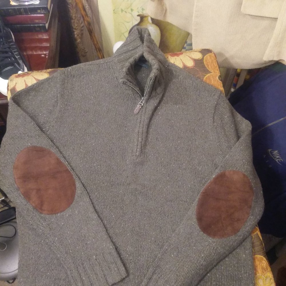 Vintage Polo Ralph Lauren Men L 1/4 Zip Sweater Suede Elbow Patches 20% Hemp